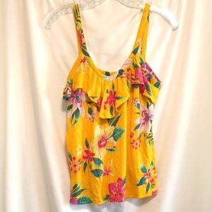 Floral Yellow Ruffle Okd Navy Top